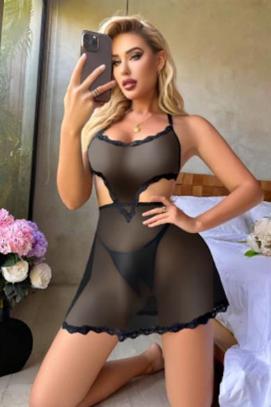 Bella Notte Black Lace Detailed Very Sexy Nightgown 15581