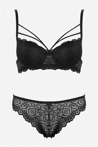 Bella Notte Black Lace Double Rope Detailed Stylish Bra Set 19010