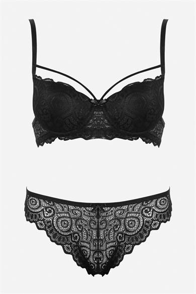 Bella Notte Black Lace Single Rope Detailed Stylish Bra Set 19015