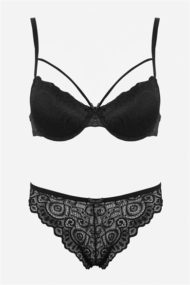 Bella Notte Black Lace Single Rope Detailed Stylish Bra Set 19017