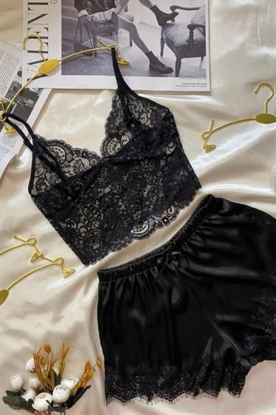 Bella Notte Black Lace Elegance Double Satin Shorts Set S-7551