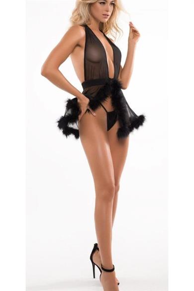 Bella Notte Black Deep Low Cut Plush Detailed Lycra Tulle Nightgown 15533