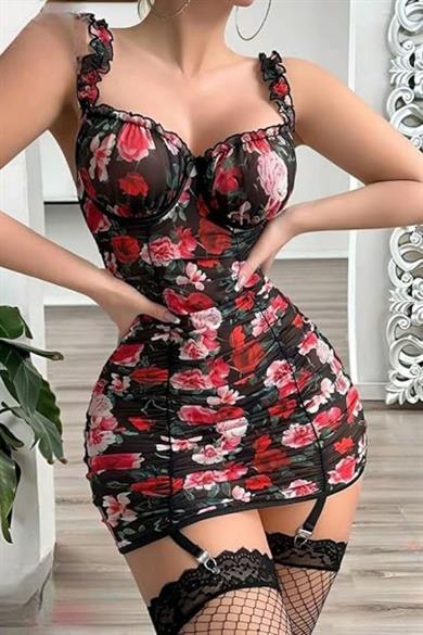 Bella Notte Siyah Fırfır Detaylı Kırmızı Gül Fırtınası Jartiyer Takımı ED-17513