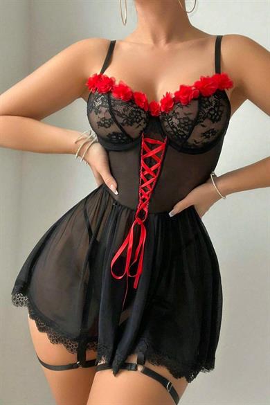 Bella Notte Black Rose Detailed Underwire Design Nightgown 15616