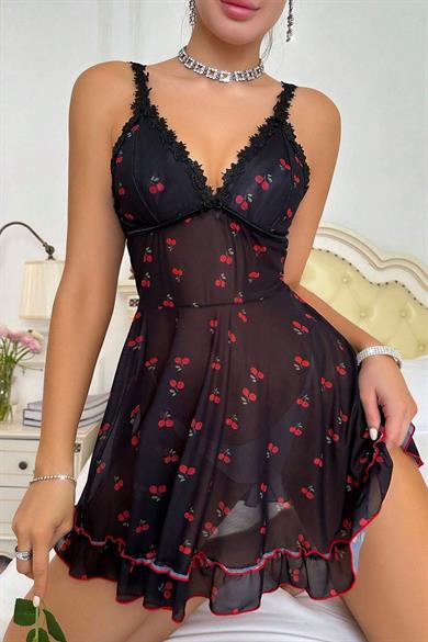 Bella Notte Siyah Kiraz Baskılı Transparan Akılı Gecelik 15901