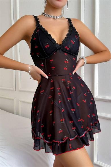 Bella Notte Siyah Kiraz Baskılı Transparan Akılı Gecelik 15901