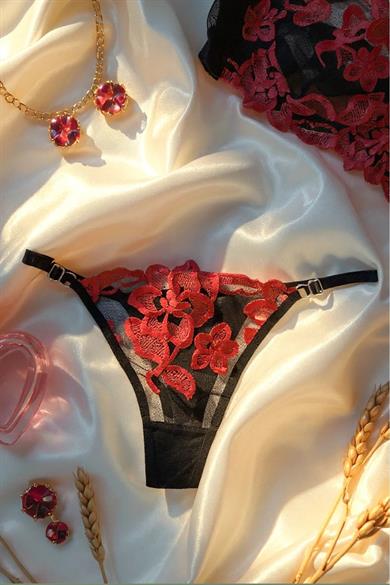 Bella Notte Siyah Kırmızı Gül Detaylı Romantik Sütyen Takımı 19031