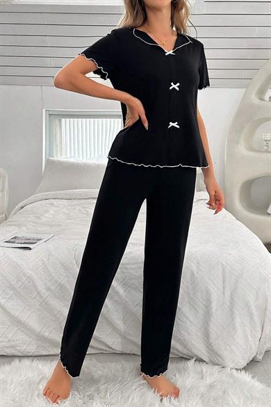 Bella Notte Siyah Kısa Kollu Fiyonk Detaylı Pamuklu Pijama Takımı 7105