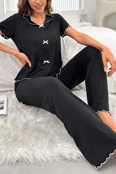 Bella Notte Siyah Kısa Kollu Fiyonk Detaylı Pamuklu Pijama Takımı 7105
