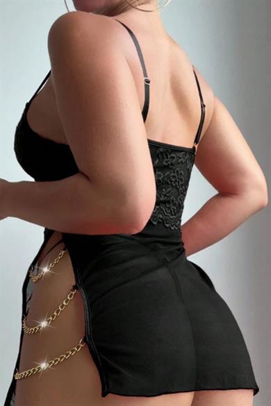 Bella Notte Black Special Design Chain Accessory Nightgown 15585