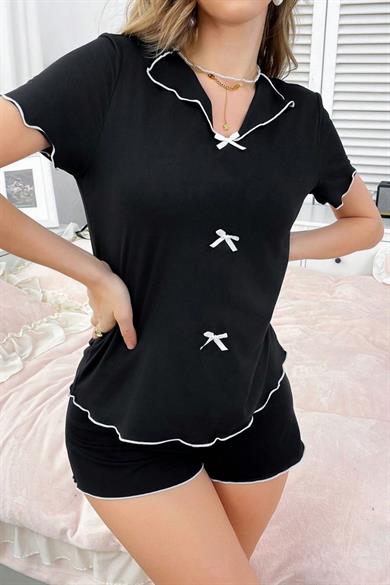 Bella Notte Siyah Pamuklu Beyaz Kurdale Detaylı Şortlu Pijama Takımı 7575