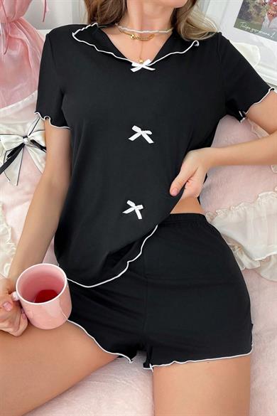 Bella Notte Siyah Pamuklu Beyaz Kurdale Detaylı Şortlu Pijama Takımı 7575
