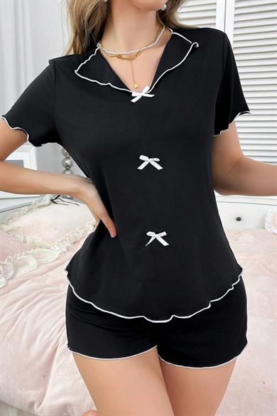 Bella Notte Siyah Pamuklu Beyaz Kurdale Detaylı Şortlu Pijama Takımı 7575
