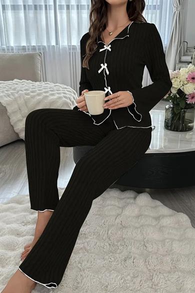 Bella Notte Siyah Pamuklu Fiyonk Detaylı Pijama Takımı 77127
