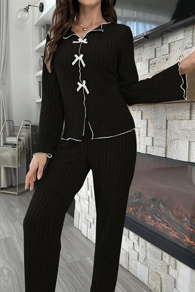 Bella Notte Siyah Pamuklu Fiyonk Detaylı Pijama Takımı 77127