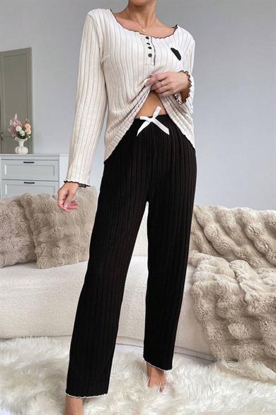 Bella Notte Siyah Pamuklu Kalp Detaylı Pijama Takımı 7157