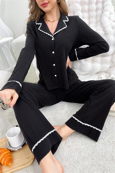 Bella Notte Siyah Pamuklu Şık Gömlek Yaka Pijama Takımı 7147