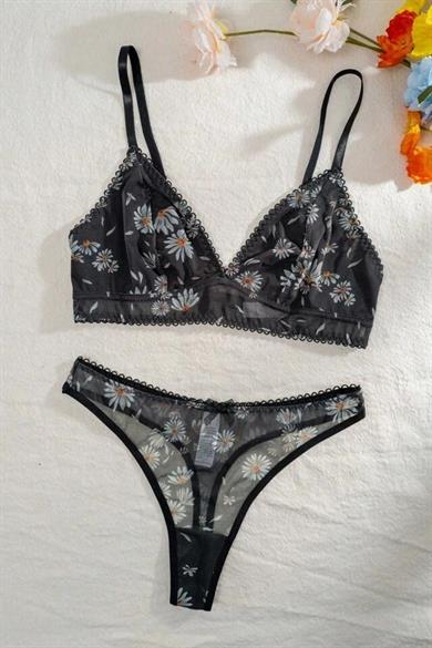 Bella Notte Black Daisy Printed Bra Panties Set 16083