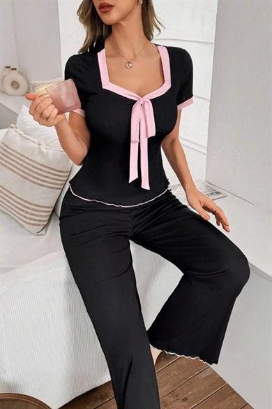 Bella Notte Siyah Rahat Kare Yaka Kısa Kollu Pijama Takım 7391