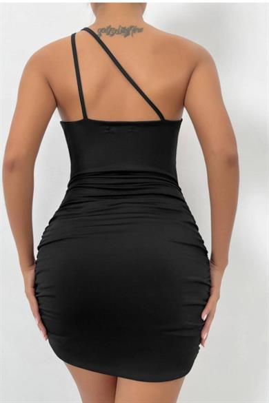 Bella Notte Black Single Sleeve Strap Chest Stylish Mini Dress with Metal Accessories FN 5002 