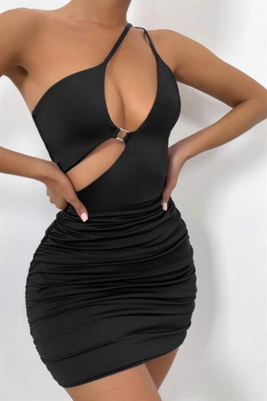 Bella Notte Black Single Sleeve Strap Chest Stylish Mini Dress with Metal Accessories FN 5002 