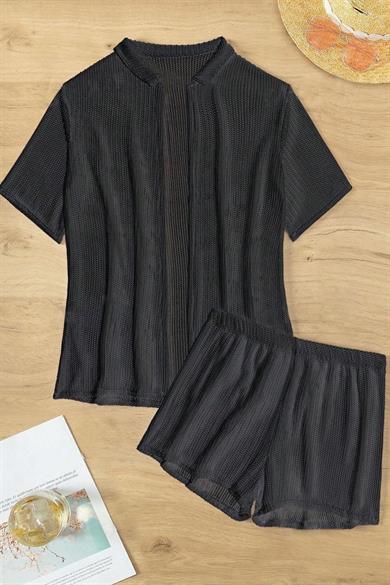 Bella Notte Black Collar Detailed Bottom Top Shorts Pareo Set 7560