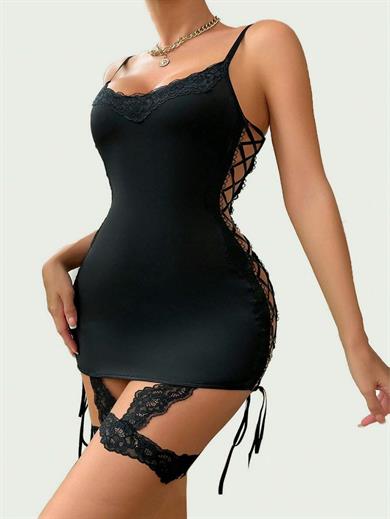 Bella Notte Black Sides Cross Tied Garter Nightgown PR2371