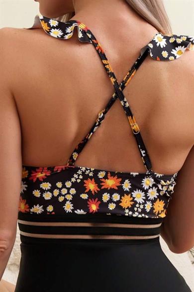 Bella Notte Siyah Yaz Çiçekleri V Yaka Yeni Sezon Tek Parça Mayo M-9037