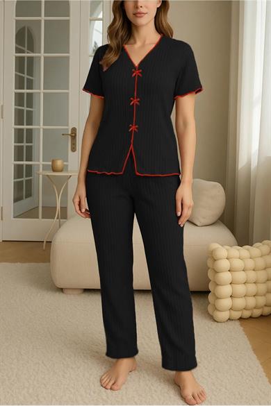 Bella Notte Siyah Zarif Model Fiyonk Detaylı V Yaka Pijama Takımı 7311
