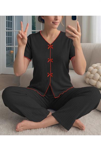 Bella Notte Siyah Zarif Model Fiyonk Detaylı V Yaka Pijama Takımı 7311