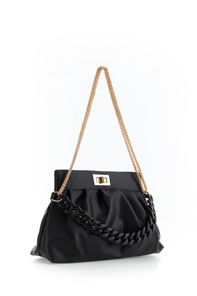 Bella Notte Siyah Zincir Askılı Büzgü Kollu Şık Kol Çantası 5001