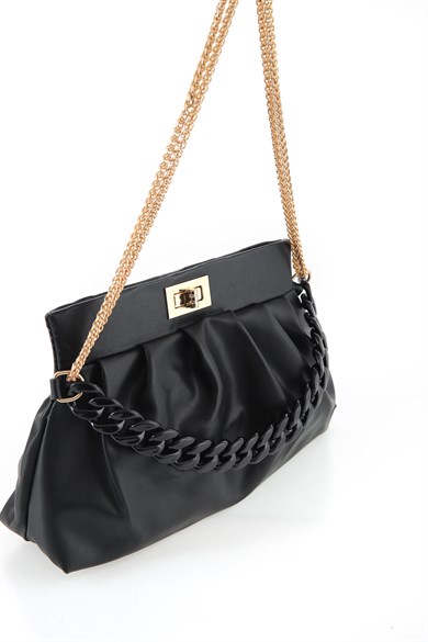 Bella Notte Siyah Zincir Askılı Büzgü Kollu Şık Kol Çantası 5001