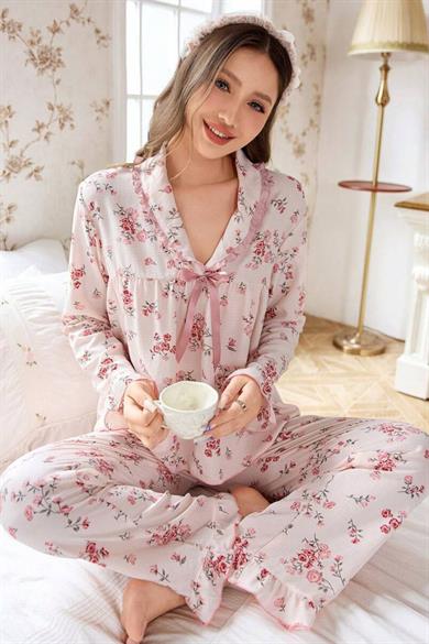 Bella Notte Toz Pembe Çiçek Desenli Pijama Takımı 77195
