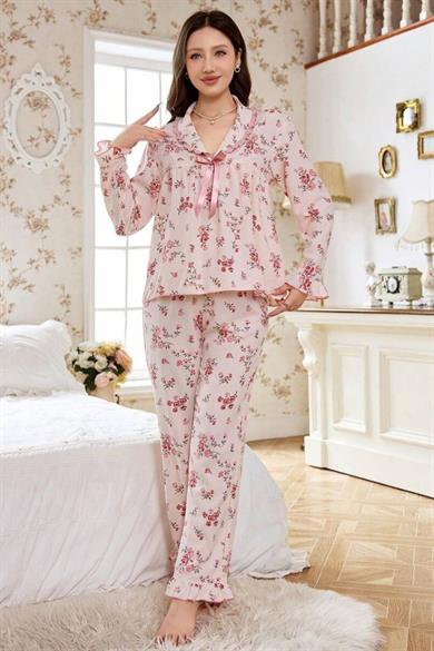 Bella Notte Toz Pembe Çiçek Desenli Pijama Takımı 77195