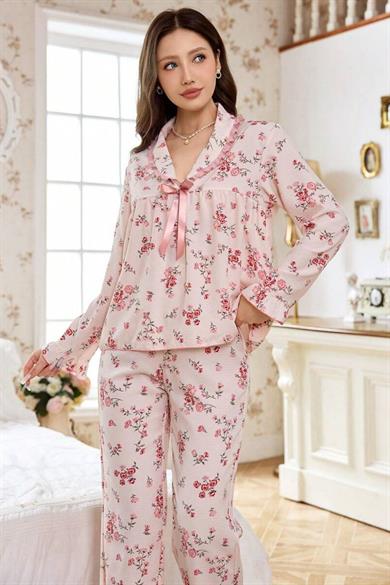 Bella Notte Toz Pembe Çiçek Desenli Pijama Takımı 77195