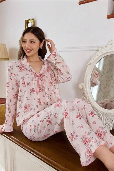 Bella Notte Toz Pembe Çiçek Desenli Pijama Takımı 77195