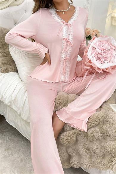 Bella Notte Toz Pembe Dantel Detaylı Yumuşak Pijama Takımı 77197