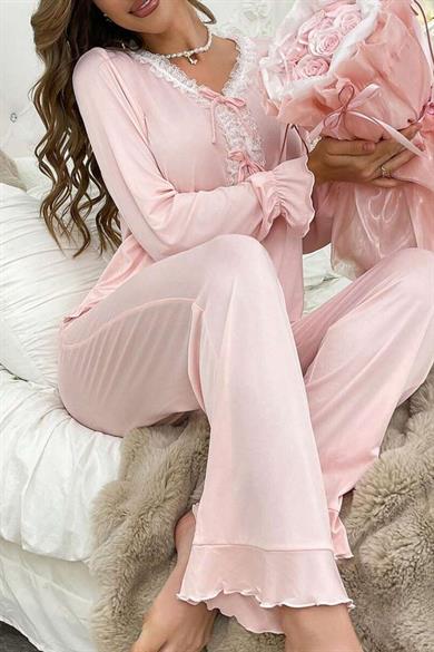 Bella Notte Toz Pembe Dantel Detaylı Yumuşak Pijama Takımı 77197