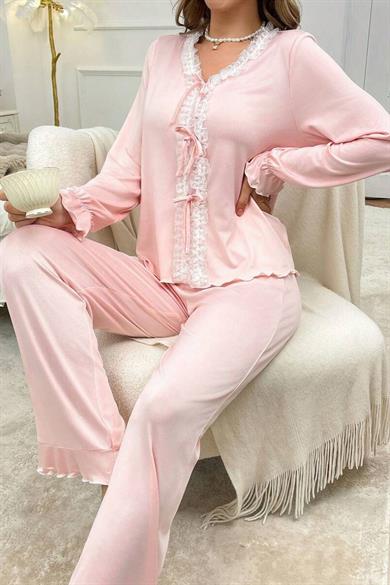 Bella Notte Toz Pembe Dantel Detaylı Yumuşak Pijama Takımı 77197