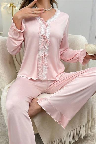Bella Notte Toz Pembe Dantel Detaylı Yumuşak Pijama Takımı 77197