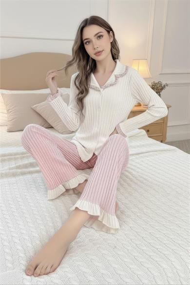Bella Notte Toz Pembe Fırfır Detaylı Yeni Sezon Şık Pijama Takımı 77175