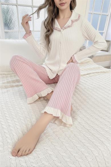 Bella Notte Toz Pembe Fırfır Detaylı Yeni Sezon Şık Pijama Takımı 77175