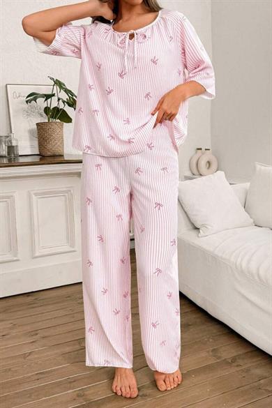 Bella Notte Toz Pembe Fiyon Baskılı Çizgili Pijama Takımı 7399