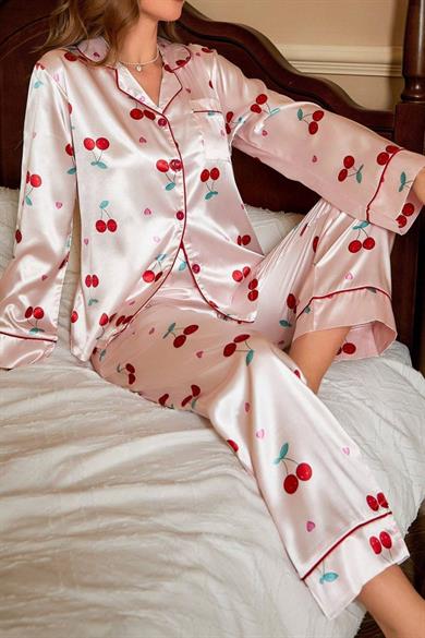 Bella Notte Toz Pembe Kiraz Desenli Saten Pijama Takımı 7065