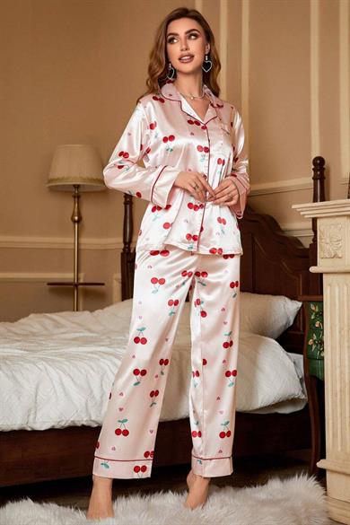 Bella Notte Toz Pembe Kiraz Desenli Saten Pijama Takımı 7065