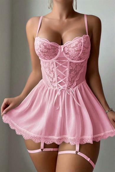 Bella Notte Toz Pembe Örgü Detaylı Gecelik 35019