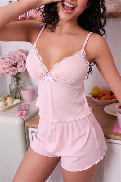 Bella Notte Toz Pembe V Yaka Askılı Şort Takım 7723