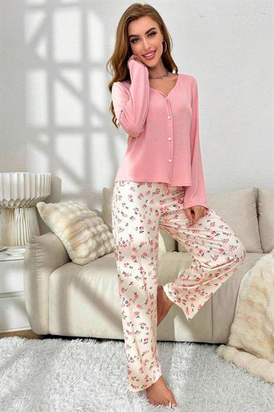 Bella Notte Toz Pembe V Yaka Pamuklu Pijama Takımı 7087