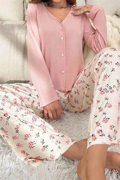 Bella Notte Toz Pembe V Yaka Pamuklu Pijama Takımı 7087