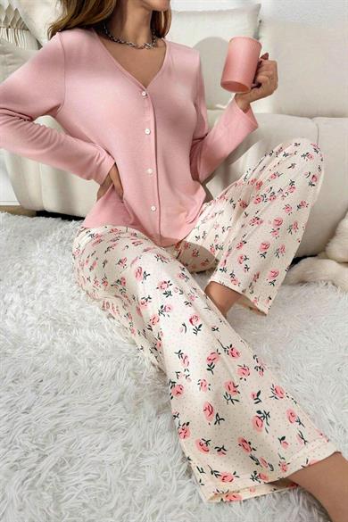 Bella Notte Toz Pembe V Yaka Pamuklu Pijama Takımı 7087